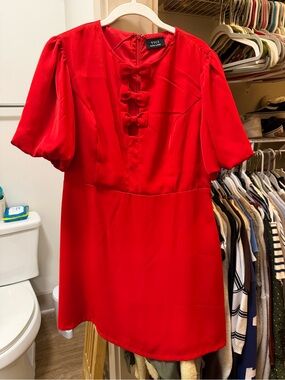 VICI Red Mini Dress with Bow Front and Puff Sleeves